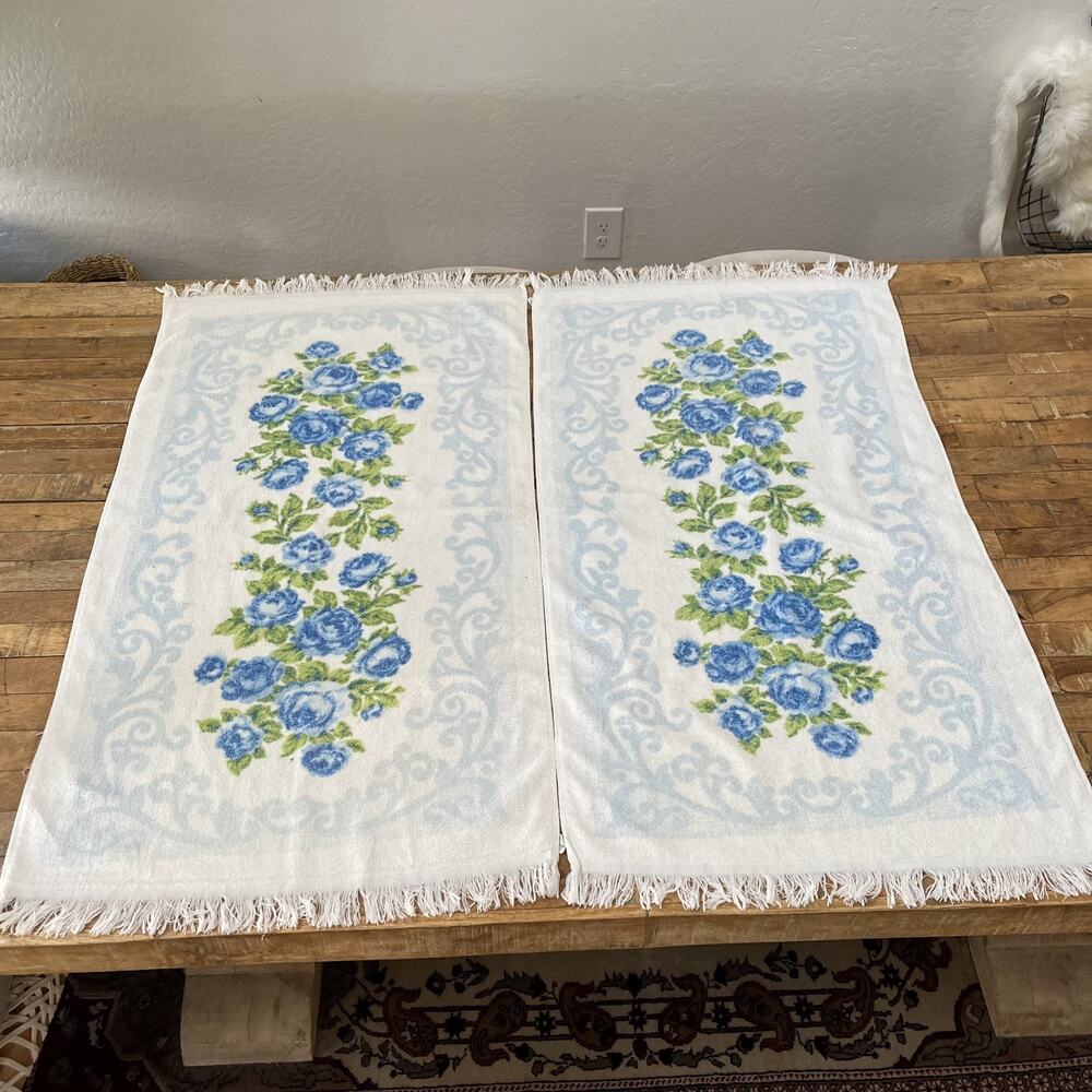 Vintage Cannon Monticello Blue Floral Hand Towels Fringe Edges Set of 2